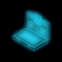 Neon blue briefcase transforming into laptop showing user profile on screen, futuristic concept vector