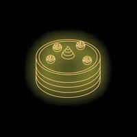Neon yellow cake with chocolate topping and swirl of cream illuminating dark background vector