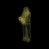 Businessman joining two puzzle pieces, problem solving concept, neon effect vector