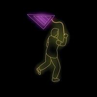 Man running with a triangular kite neon sign on black background vector