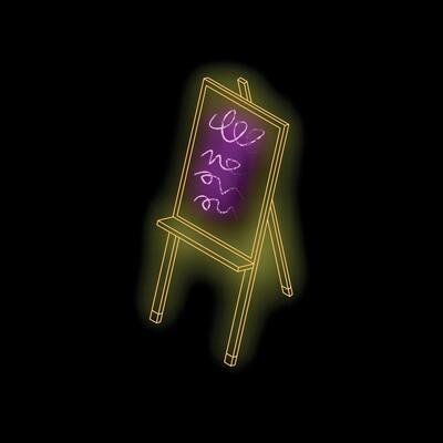 Neon yellow easel with purple scribbles on black background