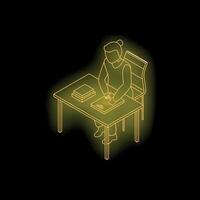 Student studying and reading books at desk in isometric neon style vector