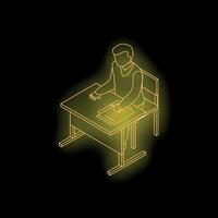 Student studying and writing at desk in isometric view with neon effect vector