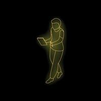 Businessman walking and taking notes on digital tablet with stylus pen, neon style illustration vector