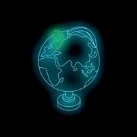 Neon world globe showing location with pin icon on black background vector