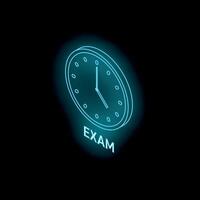 Neon clock showing exam time on black background vector