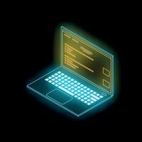 Neon laptop showing programming code on dark background vector