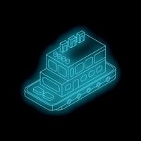 Neon blue isometric building standing on smartphone representing mobile app development vector
