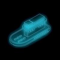 Glowing neon isometric tugboat with containers on black background vector