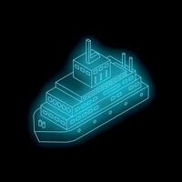 Glowing neon isometric factory ship floating on dark background vector
