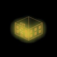 Glowing yellow isometric building on dark background representing modern architecture vector