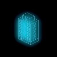 Glowing blue isometric building on black background representing smart building concept vector