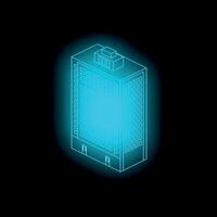 Glowing blue isometric building on black background representing smart building and innovation vector
