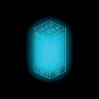 Glowing blue skyscraper illuminating dark background, futuristic architectural design vector