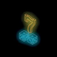 Neon glowing number seven with two dice symbolizing luck, gambling, and casinos vector