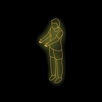 Neon yellow athlete performing isometric exercise with open arms on black background vector