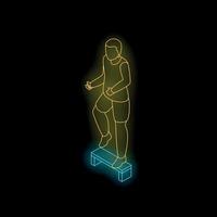 Athlete doing step aerobics exercise on bench in neon style isometric view vector