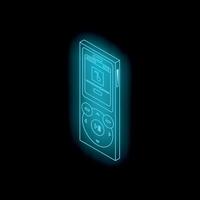 Portable music player showing isometric turquoise neon light on black background vector