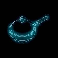 Neon saucepan with lid emitting light in dark background vector