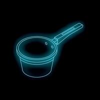 Neon saucepan with lid and handle glowing on black background vector