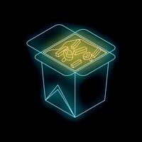 Neon light showing open box of noodles with chopsticks and vegetables vector
