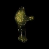 Student with backpack walking, glowing neon style illustration on dark background vector