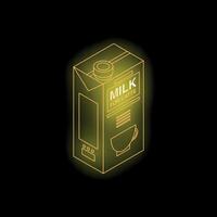 Glowing neon yellow milk carton for latte on black background vector