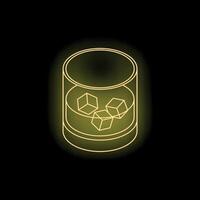 Neon yellow glass of whiskey with ice cubes on black background vector