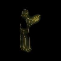 Construction worker using drilling machine neon sign on black background vector