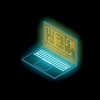 Glowing laptop showing help message on dark background vector