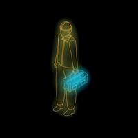 Construction worker holding toolbox isometric neon icon on black background vector