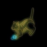 Playful cat playing with toy on black background neon sign vector