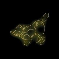 Playful dog running with stick in mouth neon sign on black background vector