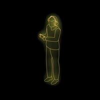 Man wearing headphones and using smartphone neon sign on black background vector