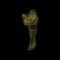 Businessman holding smartphone and gesturing with hand, neon light style illustration vector