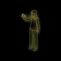 Woman taking selfie with smartphone in neon style on black background vector