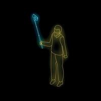 Man taking selfie with selfie stick, neon isometric illustration on black background vector