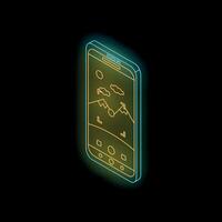 Smartphone showing mountain photo with sun and clouds in neon light style vector