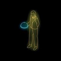 Neon style waiter holding covered tray isometric projection on black background vector
