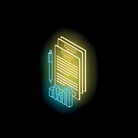 Neon icon of documents with pen and growing bar graph representing business analysis vector
