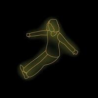 Woman floating in the air with open arms, glowing neon yellow lines on black background vector