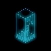 Glowing neon elevator with chair moving upwards in isometric view vector