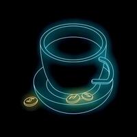Neon coffee cup shining on black background with coffee beans vector