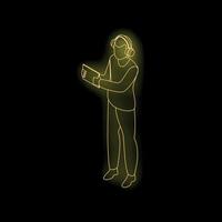 Neon outline of a sound engineer using headphones and tablet, creating music in a recording studio vector