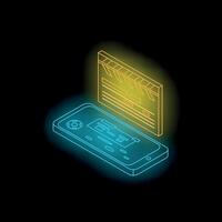 Neon blue smartphone displaying editing software and yellow clapperboard floating above vector
