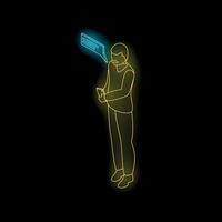 Businessman reading a text message on smartphone with speech bubble in neon light vector