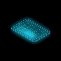 Futuristic neon tablet displaying information on dark background vector