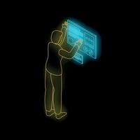 Businessman working with virtual neon interface, exploring data and information in futuristic digital environment vector