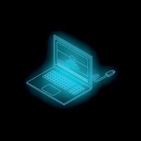 Neon blue laptop showing webpage with connecting cable on black background vector