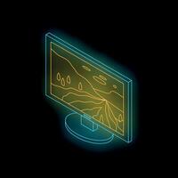Neon monitor showing isometric landscape illustration on dark background vector